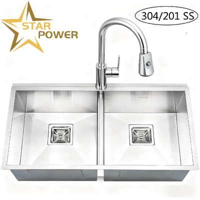 qualidade  STAR POWER Brushed 304 Stainless Steel Handmade Kitchen Sink with Double-Bowl Design and Pull-Out Faucet fábrica