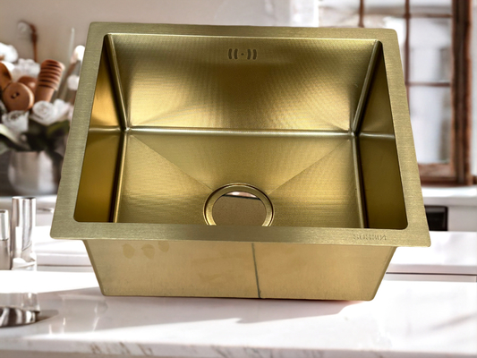 Lava-louça de cozinha quadrada de aço inoxidável SUS304 de luxo em tons de ouro com design de drenagem eficiente
