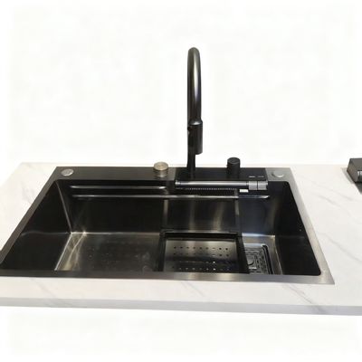 Bom preço 800mm Double-Bowl Stainless Steel Kitchen Sink Set com torneira de arco alto para cozinhas modernas on-line