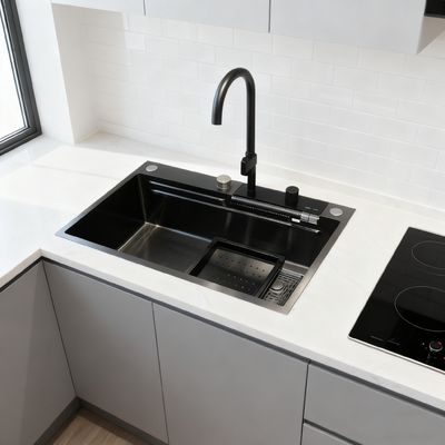 800mm Dual-bassin de aço inoxidável lavatório de cozinha com acabamento escovado, almofadas de amortecimento de som e dreno traseiro