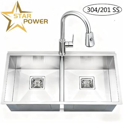 Pia de Cozinha Artesanal em Aço Inoxidável 304 Escovado STAR POWER com Design de Cuba Dupla e Torneira Extensível