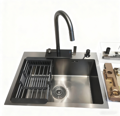 Conjunto de Pia de Cozinha em Aço Inoxidável 304 | Cuba de Lavagem Profunda Feita à Mão Premium com Torneira de Cozinha de Arco Alto Antirruído e Anticon densação | Profundidade de Cuba Personalizável Disponível | Espessura de Aço Personalizável Disponível