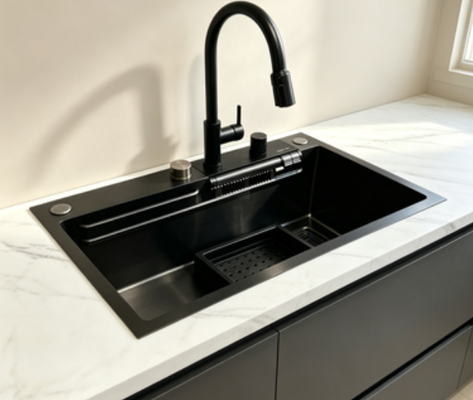 Lave de cozinha de um único recipiente de aço inoxidável 304 ♪ ♪ Lave Nano Negro Mate Artesanal, Lustrado à Mão, Anti-Fusão Brushed Finish Para Renovação de Cozinha Moderna