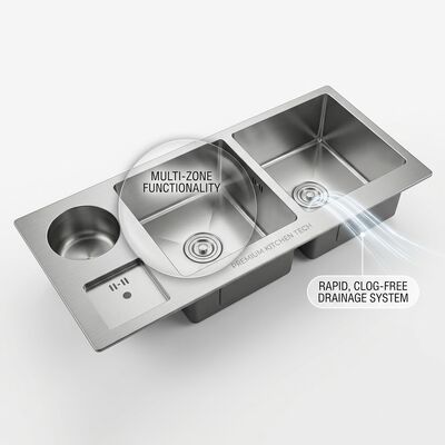 qualidade Cuba de Cozinha de Montagem Superior / Embutir 18-Gauge 304 SS Cuba Dupla de Cozinha Superfície Fosca Montagem Superior 1000mm 300mm Cuba Extra Profunda | Profundidade de Cuba Personalizável Disponível | Espessura de Aço Personalizável Disponível fábrica