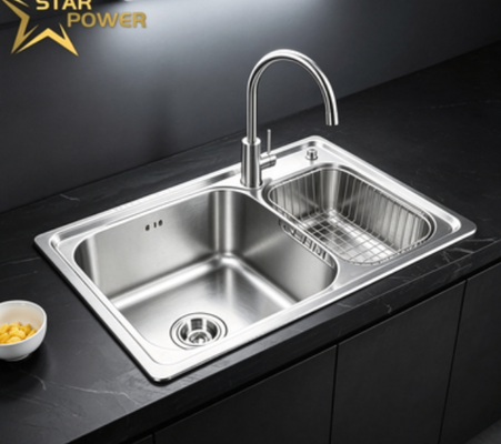 Bom preço Pia de Cozinha Dupla em Aço Inoxidável 304 com Acabamento Nano e Cuba de 23 cm de Profundidade on-line