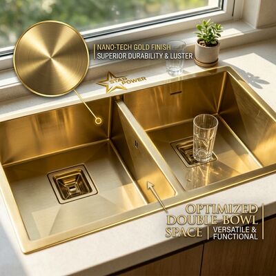 Bom preço Gold-Toned Food-Grade 304 Stainless Steel Main Auxiliary Bowl Kitchen Sink Flush-Mount 900mm 250mm Deep Basin on-line