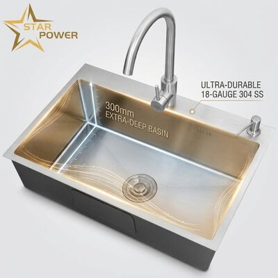 Bom preço Pia de Cozinha Dupla em Aço Inoxidável 304 de 18 Calibres com Cuba Extra Profunda de 300mm e Instalação de Sobrepor on-line