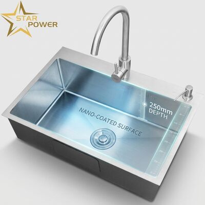 Bom preço Pia de Cozinha Dupla em Aço Inoxidável 304 Nano-Revestido de Grau Alimentício com Cuba de 250mm de Profundidade on-line