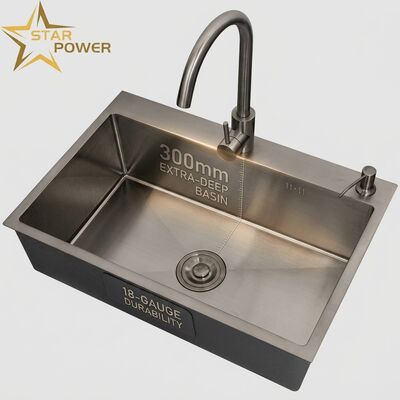 Bom preço Lava-louças de cozinha de 18 gauge 304 SS com acabamento PVD metálico e recipiente principal e auxiliar extra-profundos de 300 mm on-line