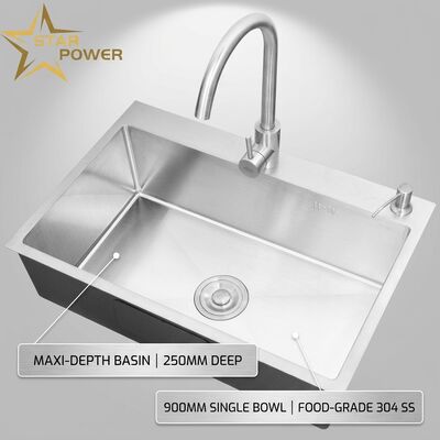 Bom preço Lava-louças de cozinha de nível alimentar 304 SS Lava-louças de cozinha de tigela única Chromeada Lava-louças de 900 mm 250 mm Bacia profunda on-line