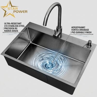 Bom preço Instalação / inserção do lava-louças de cozinha 316 de aço inoxidável, principal e auxiliar, lava-louças de cozinha PVD de arma de fogo Instalação de lava-louças de 800 mm 220 mm Bacia profunda. on-line
