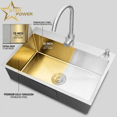 Bom preço Cuba de Cozinha de Embutir / Montagem embutida em Aço Inoxidável SUS304 com Cuba Principal e Auxiliar Dourada com Montagem Embutida 700mm Bacia Extra Profunda de 10 Polegadas | Profundidade de Bacia Personalizável Disponível | Bitola de Aço Personalizável Disponível on-line