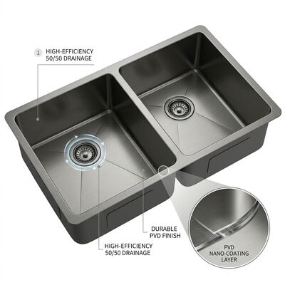 Bom preço PVD Gunmetal 304 Aço Inoxidável Pia de Cozinha de Embutir, Cuba Dupla 50/50, Revestido com Almofadas de Borracha para Amortecimento de Som on-line
